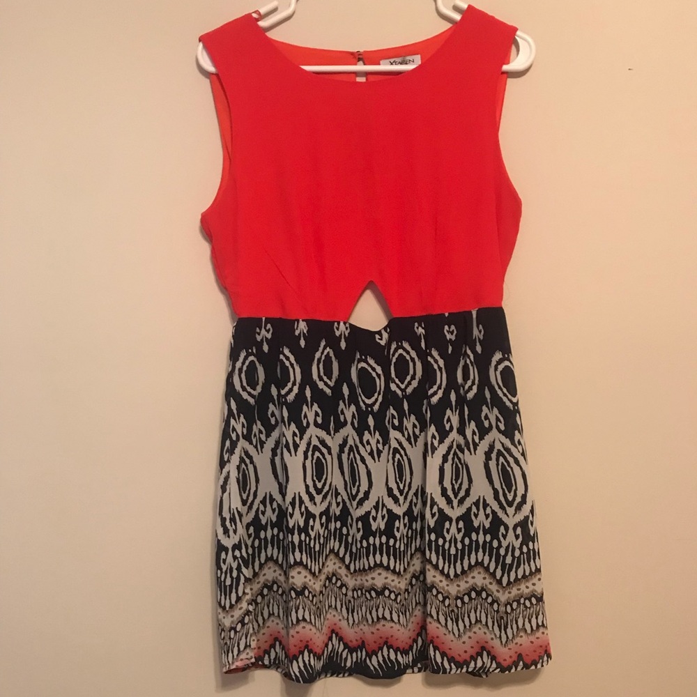 Orange and navy printed cutout dress